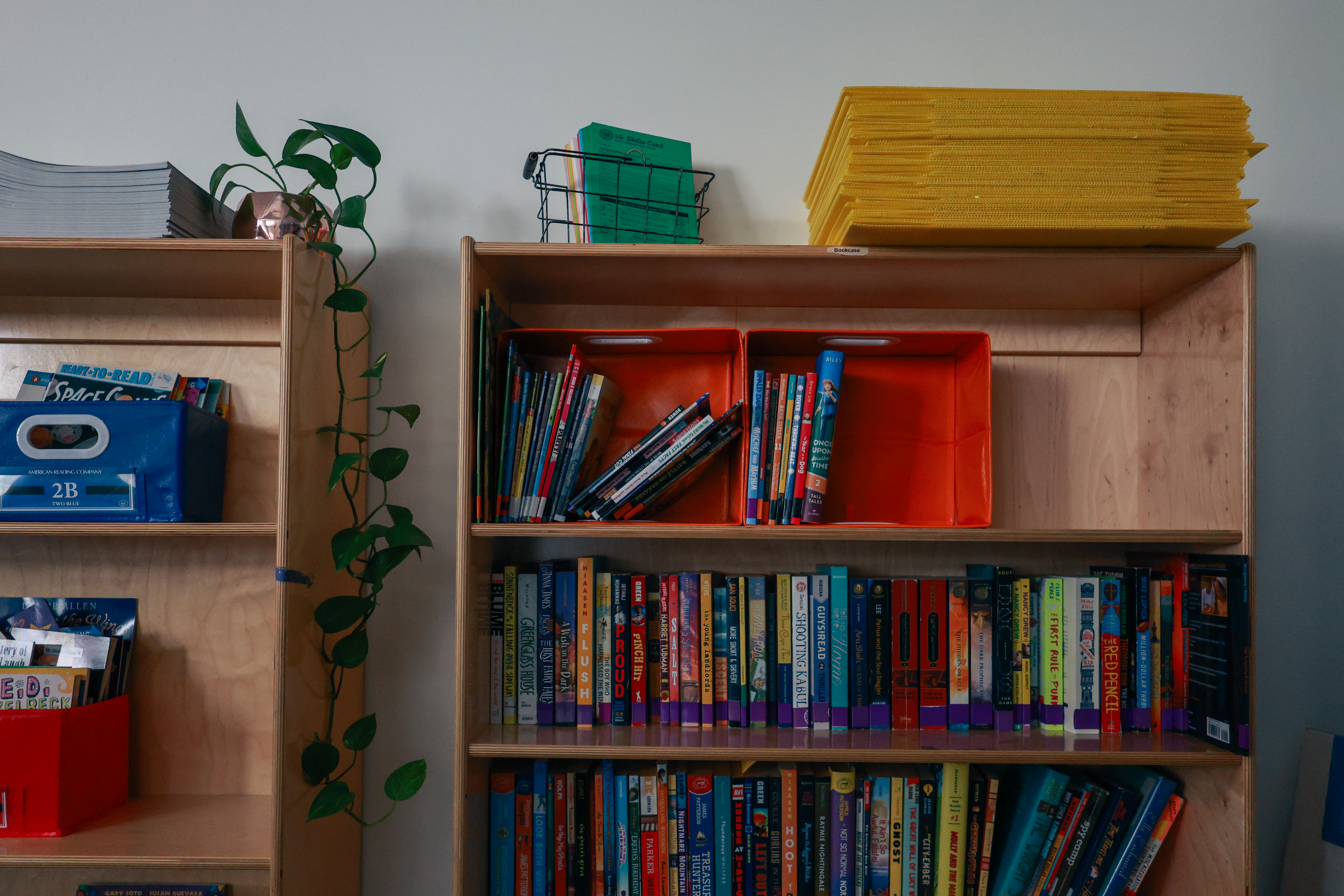 Two wood bookshelves, lined with a variety of colorful middle-reader books.