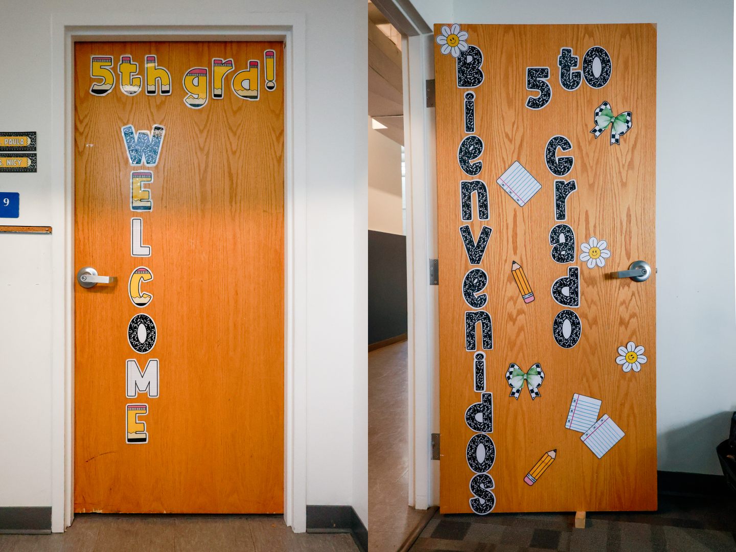 Two-panel photo. On the right, a door to a classroom reads '5th grd! Welcome.' On the right, a classroom door reads 'Bienvenidos 5to Grado.'