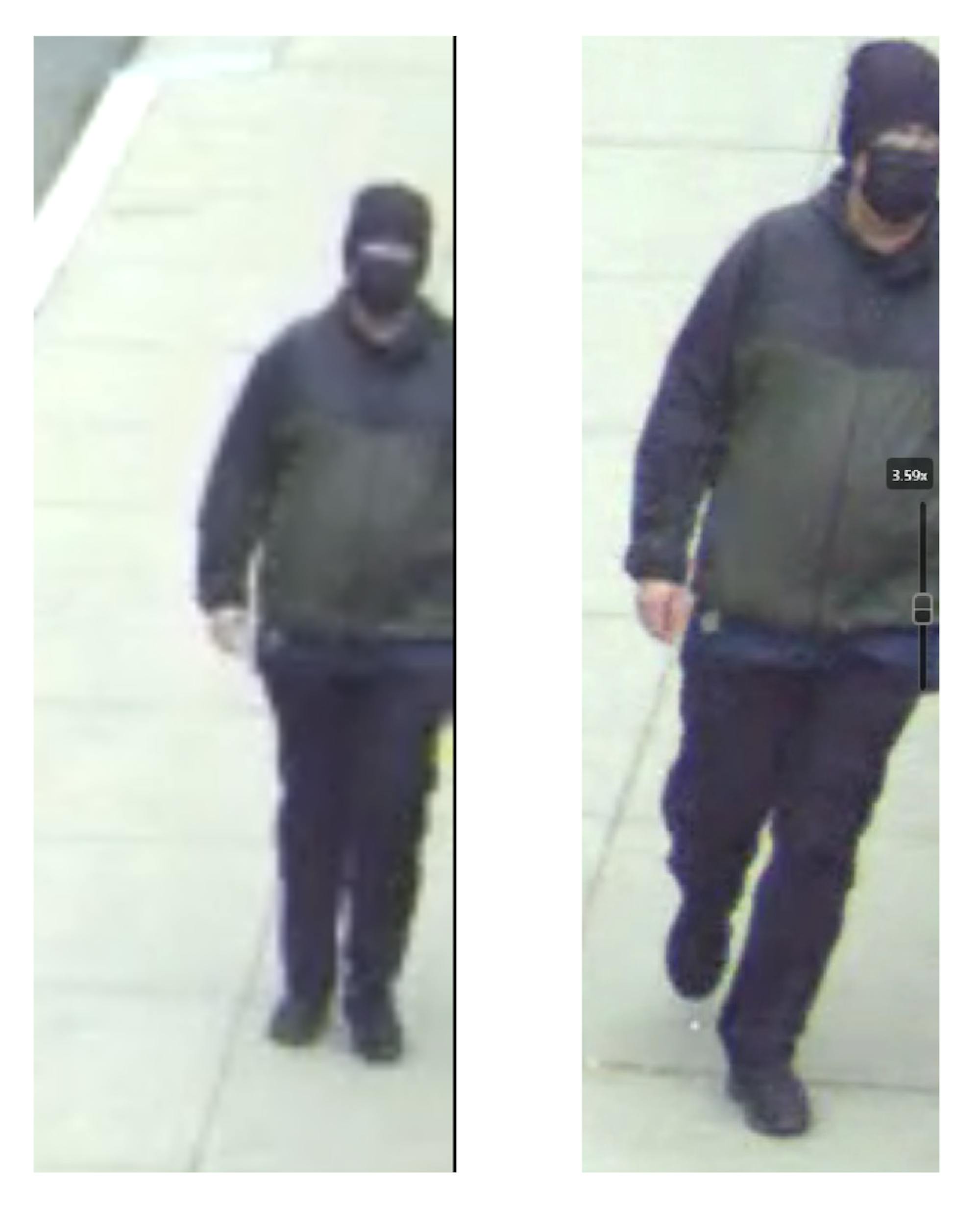 Photos of man in dark clothing, dark mask and dark hat showing two different postures.