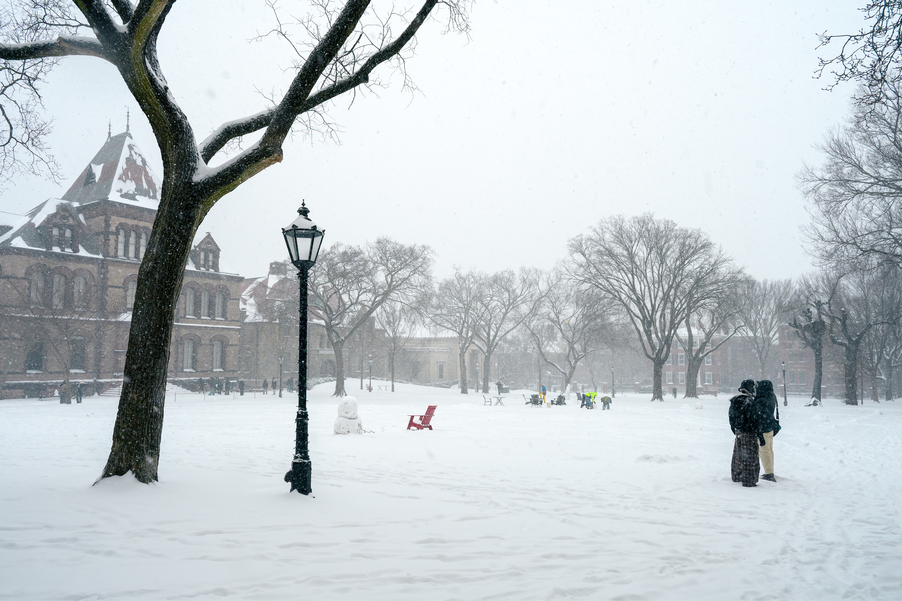Photo of a snow-covered Main Green, with red and green chairs as the only pop of color.