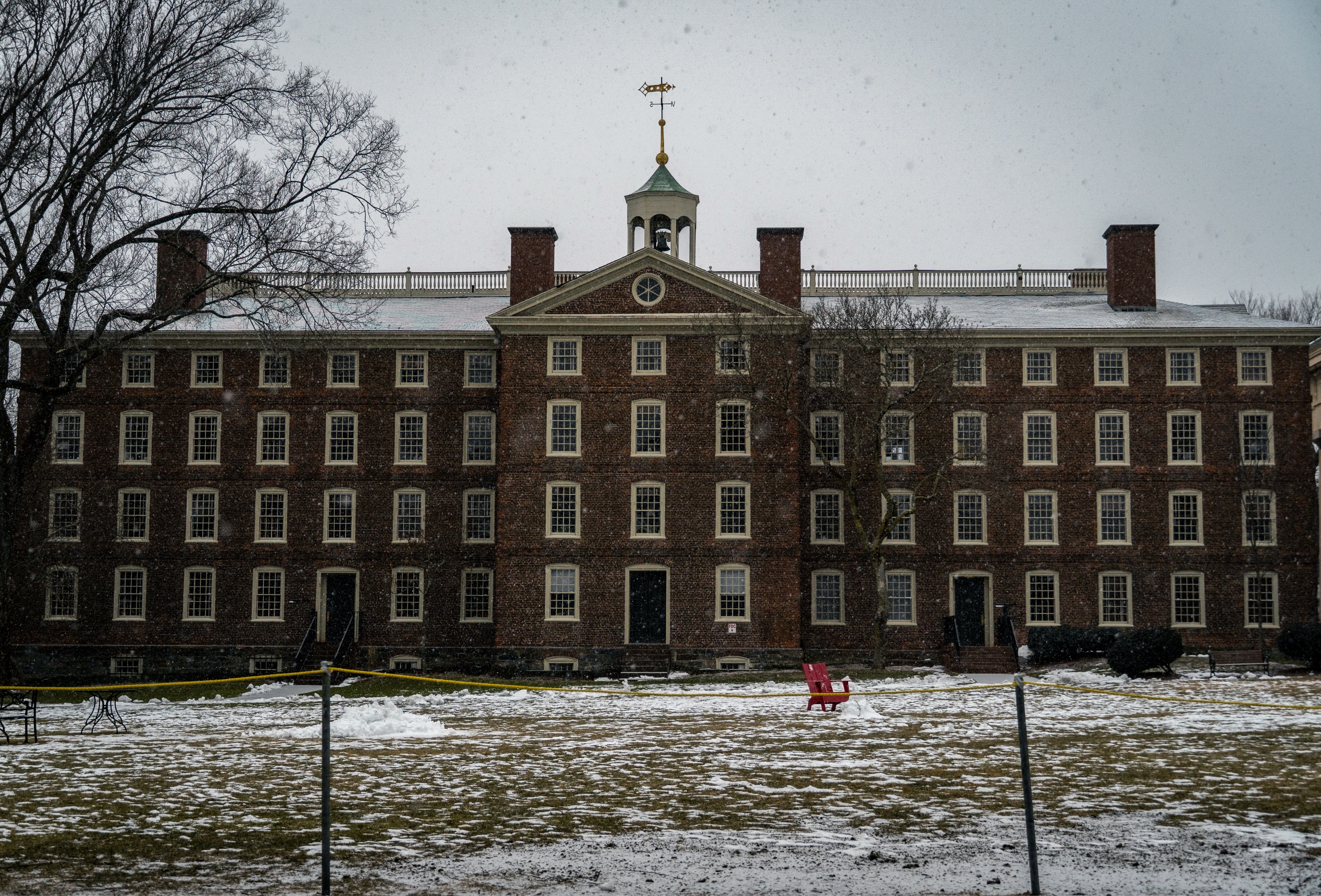 Photo of the patches of snow on the Main Green as the first flakes start to fall.