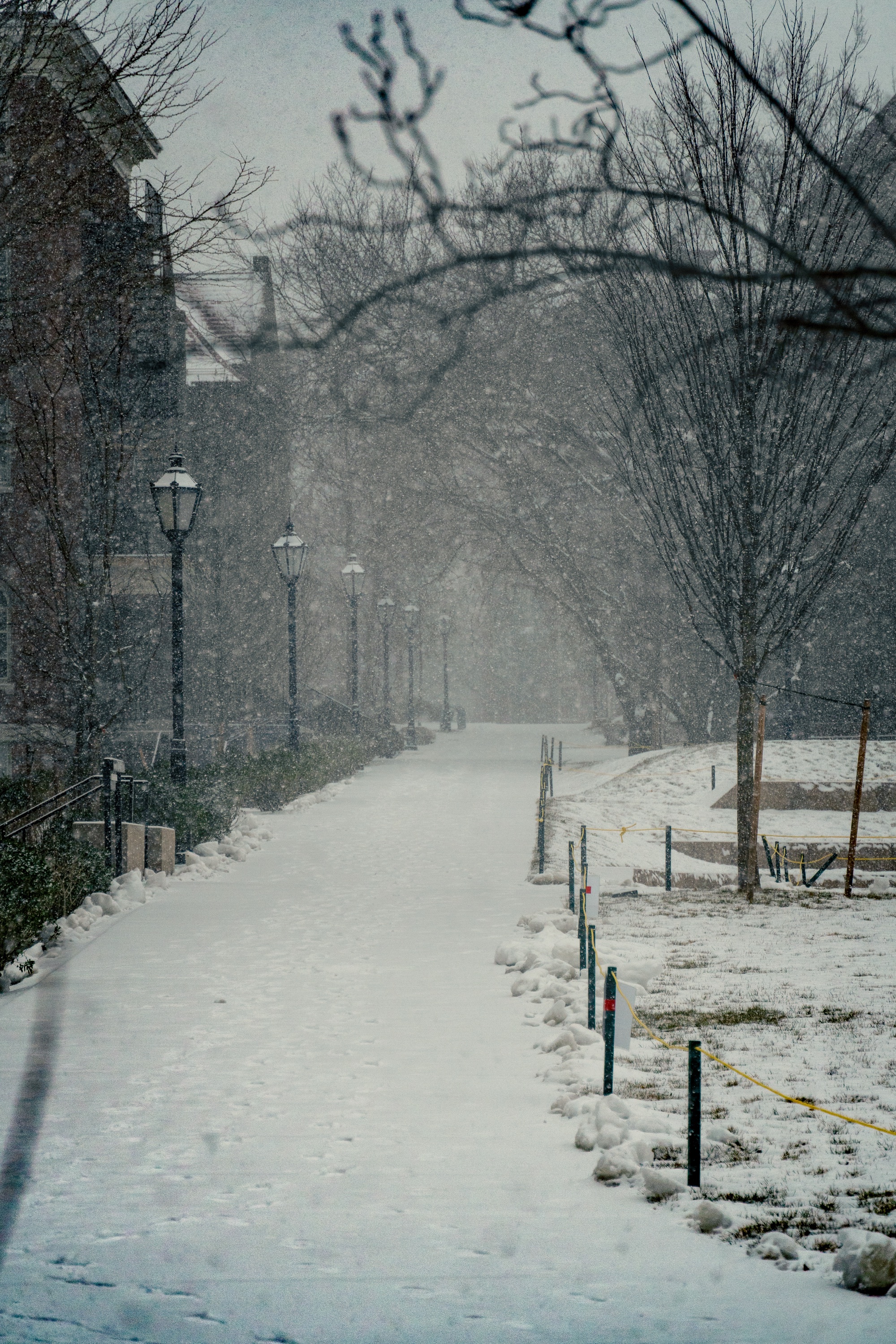 Photo of snow-covered sidewalk, borderd on the left by lamp poles and brick buildings.