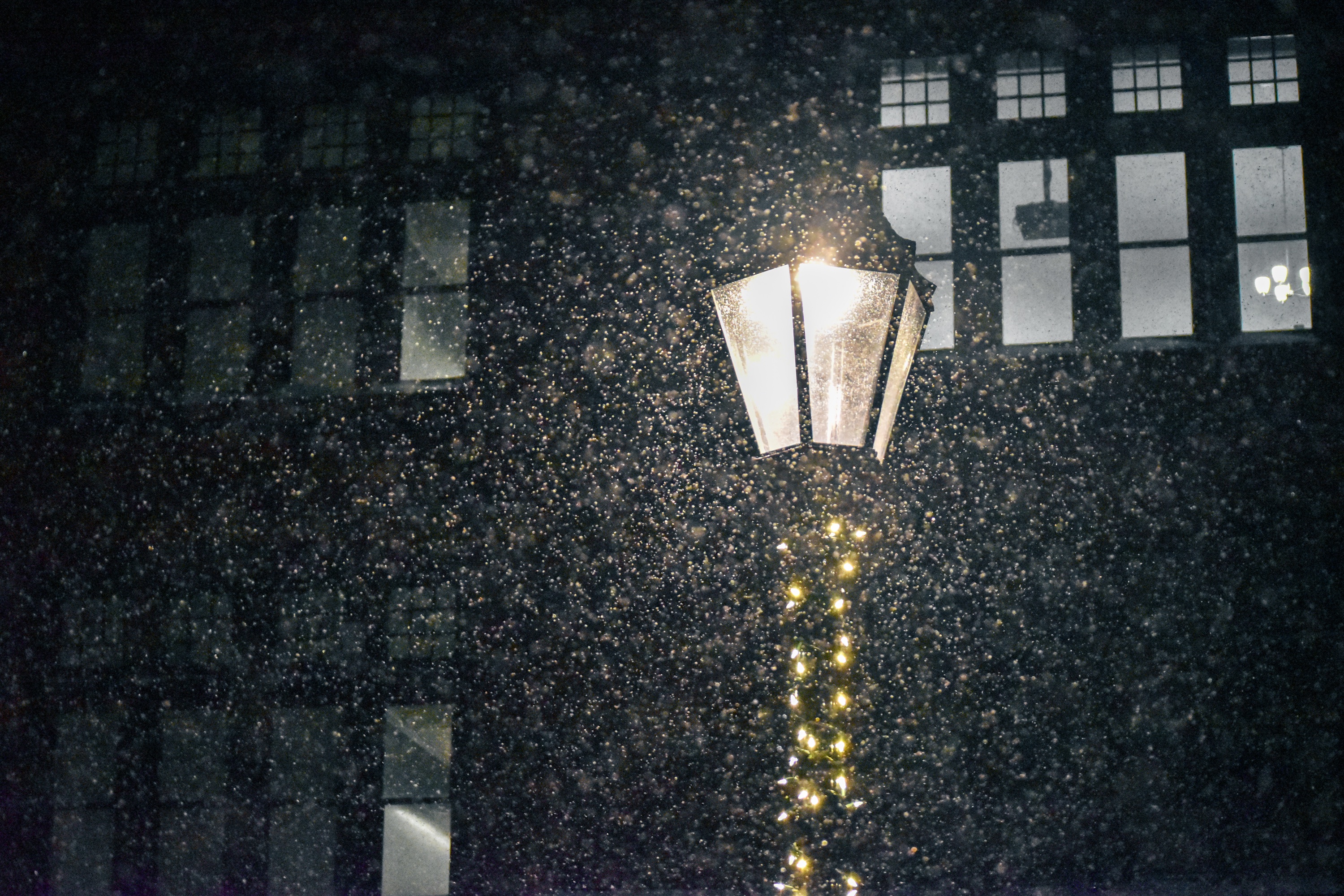 Photo of snowfall illuminated by lamp pole standing in front of a building with tall windows.